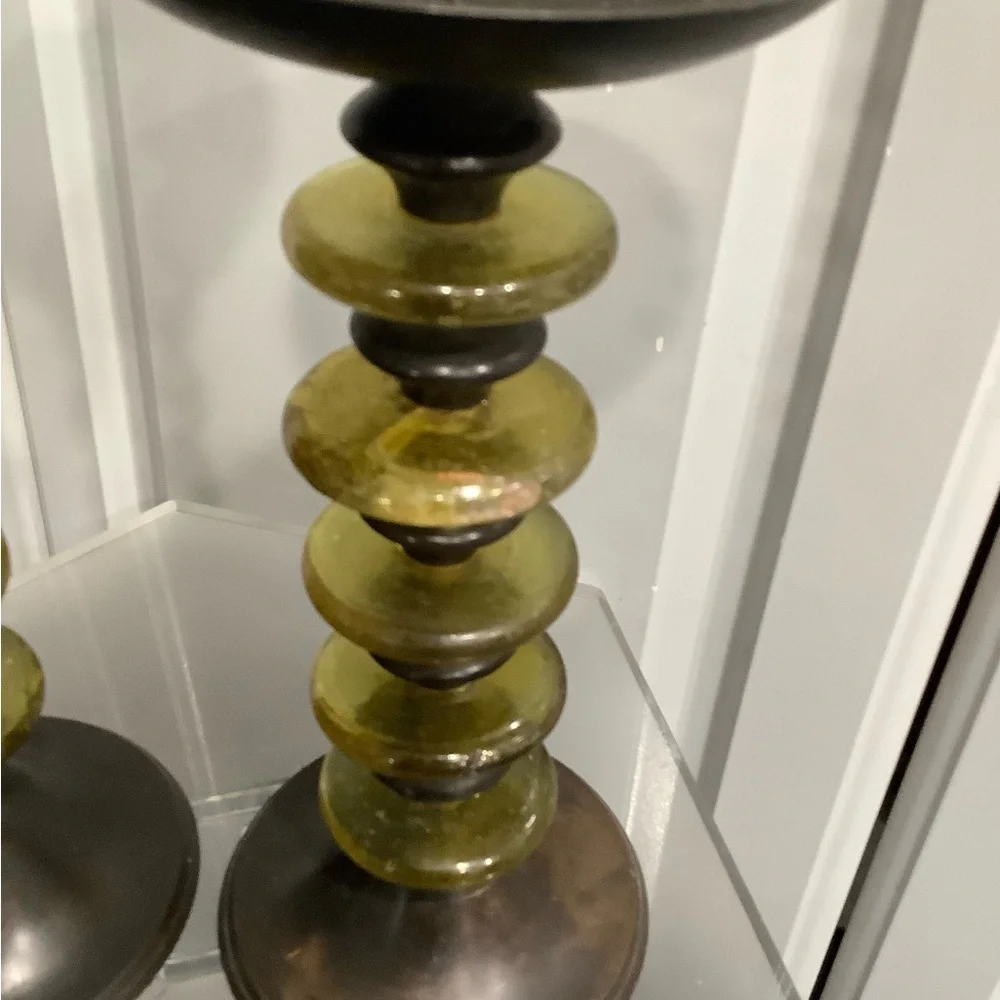 Z Gallerie Bronze and Olive Candle Hand Blown Glass Candle Sticks Holders